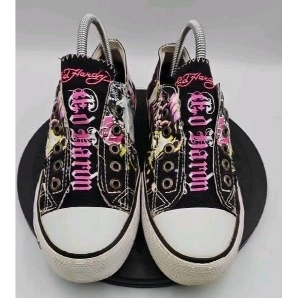 Ed Hardy Christian Audigier Tattoo Print Slip On Sneakers Black/Multicolor Sz 7